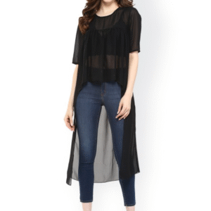 Black Polyester High-Low Sheer Top
